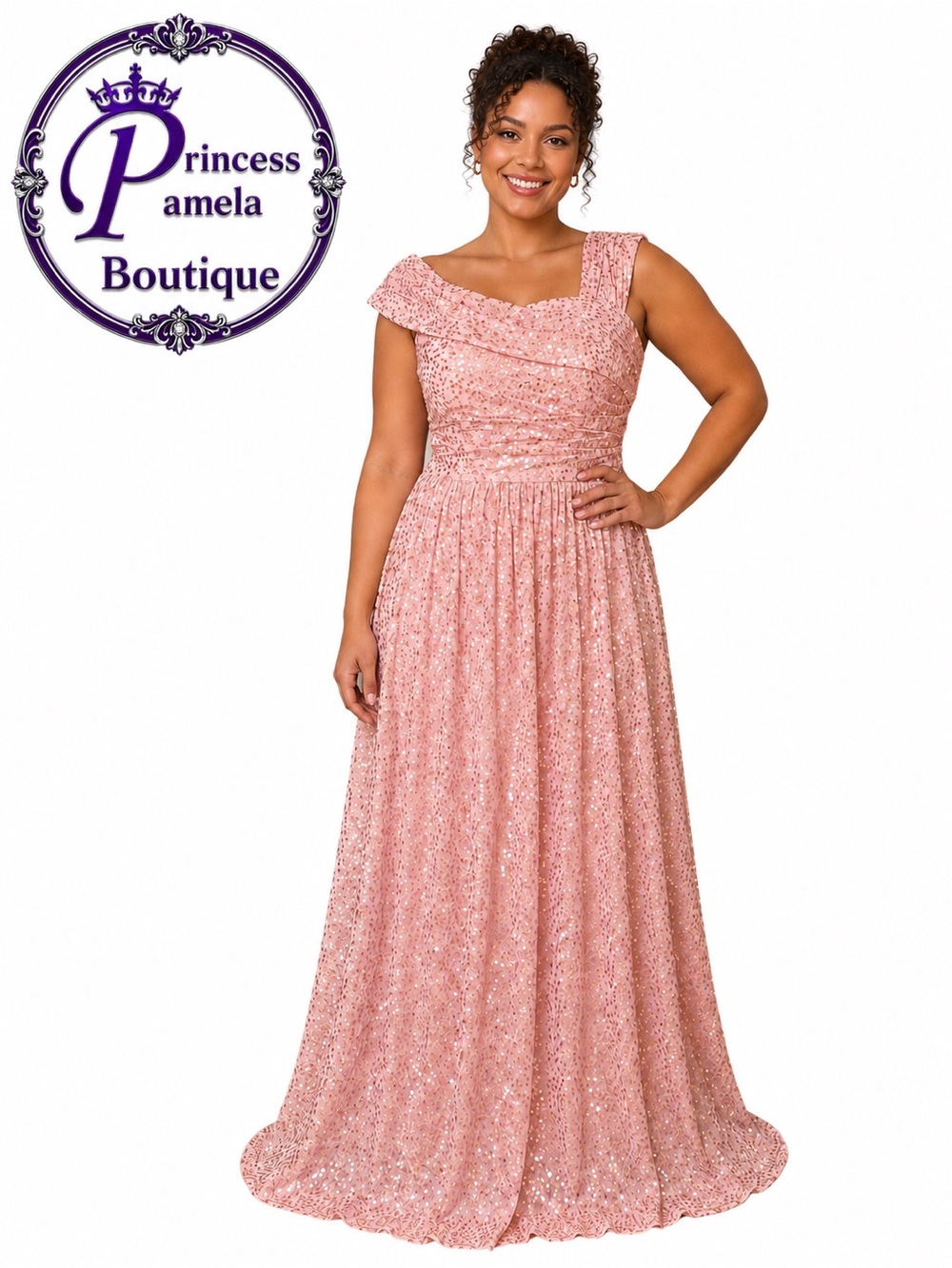 #2 - 21 Pink with Gold sequined one-shoulder gown-XL /Size 14